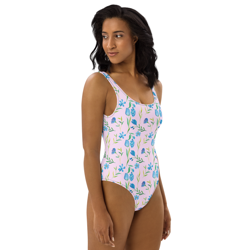 Badeanzug Sommergedanken Design Blumen, Blumenmuster, blaue Blumen, blaues Muster, Aquarell Badebekleidung, Bademode, Badeanzug, Swimsuit, Rückenfreier Badeanzug, Luxus-Bademode  