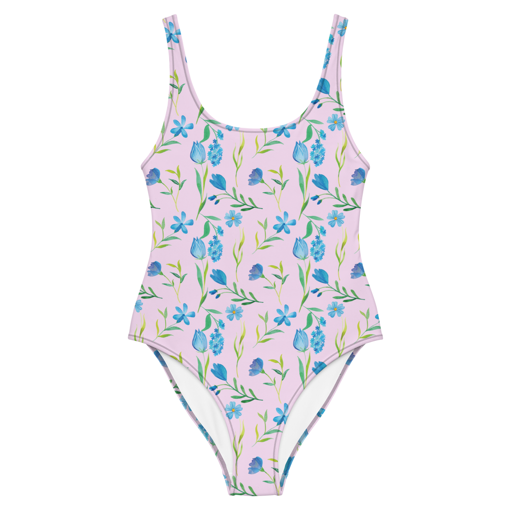 Badeanzug Sommergedanken Design Blumen, Blumenmuster, blaue Blumen, blaues Muster, Aquarell Badebekleidung, Bademode, Badeanzug, Swimsuit, Rückenfreier Badeanzug, Luxus-Bademode  