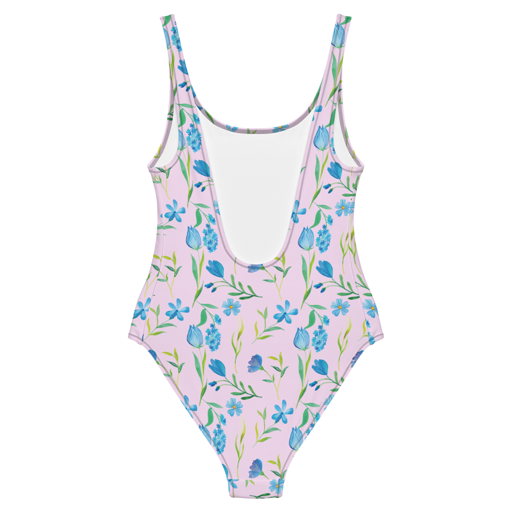 Badeanzug Sommergedanken Design Blumen, Blumenmuster, blaue Blumen, blaues Muster, Aquarell Badebekleidung, Bademode, Badeanzug, Swimsuit, Rückenfreier Badeanzug, Luxus-Bademode  