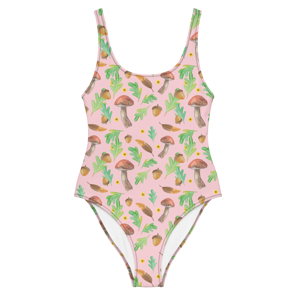 Badeanzug Waldträume Design Aquarell, Aquarellmuster, Pilze, Glühwürmchen, Wald, Waldspaziergang, Natur, Laub, Eiche, Blätter Badebekleidung, Bademode, Badeanzug, Swimsuit, Rückenfreier Badeanzug, Luxus-Bademode  