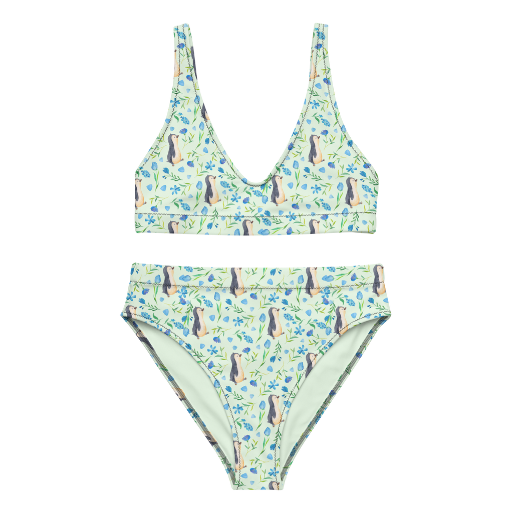 Bikini Pinguinliebe Design Aquarell, Pinguin, Pinguine, Blumen, Blaue Blumen, Muster Bikini, High Waist Bikini, Bademode, Bikinihose, Bikinioberteil, 2er Set, Zweiteiler  
