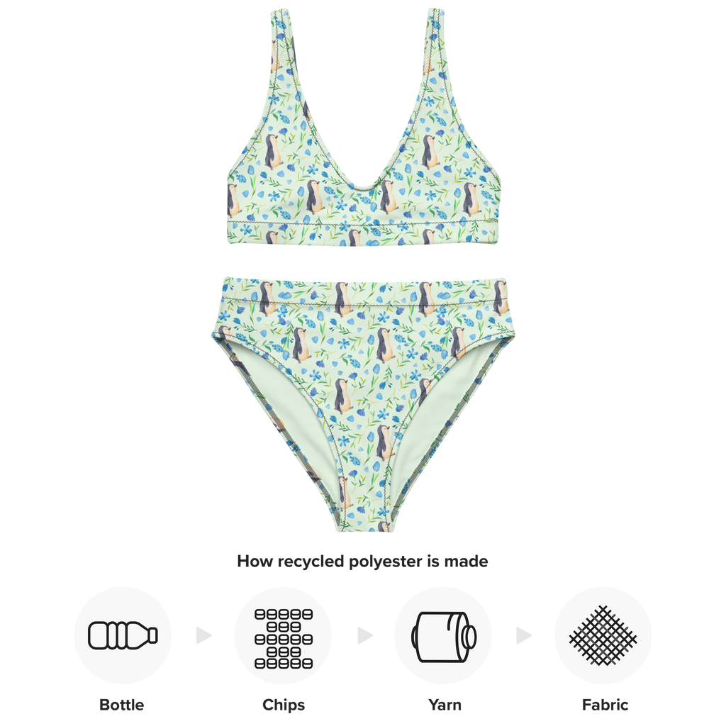 Bikini Pinguinliebe Design Aquarell, Pinguin, Pinguine, Blumen, Blaue Blumen, Muster Bikini, High Waist Bikini, Bademode, Bikinihose, Bikinioberteil, 2er Set, Zweiteiler  