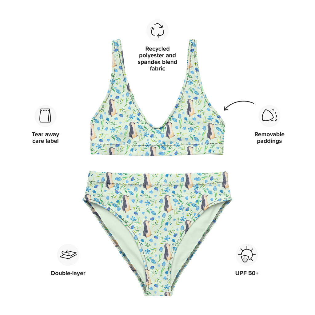 Bikini Pinguinliebe Design Aquarell, Pinguin, Pinguine, Blumen, Blaue Blumen, Muster Bikini, High Waist Bikini, Bademode, Bikinihose, Bikinioberteil, 2er Set, Zweiteiler  