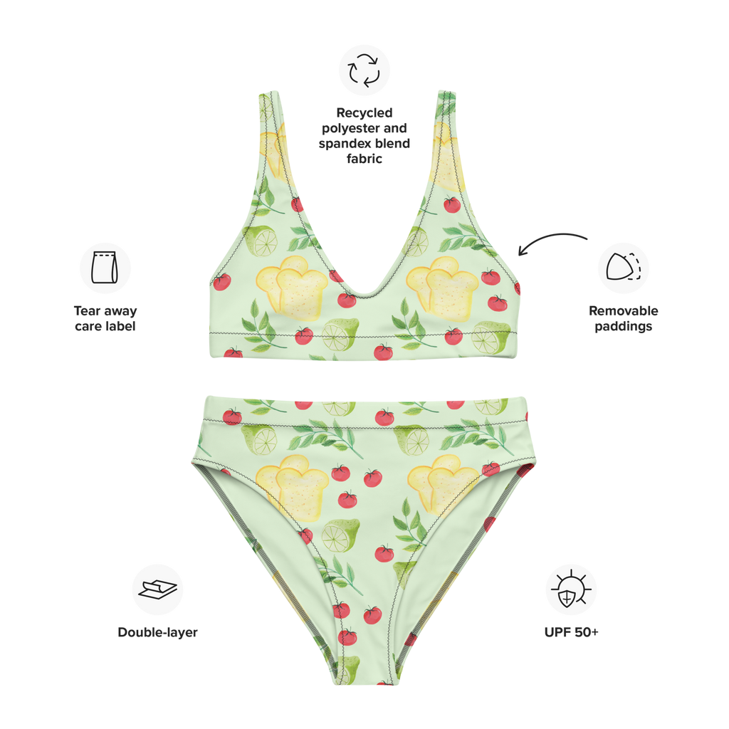 Bikini Küchenmagie Design Küchenmuster, Küche, Tomaten, Limette, Kräuter, Toastbrot, Muster, Aquarell, Küchenliebe, Kochen Bikini, High Waist Bikini, Bademode, Bikinihose, Bikinioberteil, 2er Set, Zweiteiler  