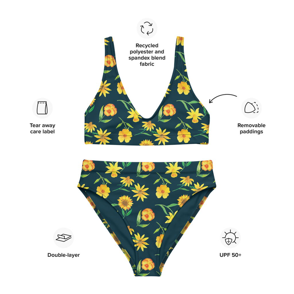 Bikini Sonnengruß Design Muster, Blumen, gelbe Blumen, Sonnenblume, Osterglocke Bikini, High Waist Bikini, Bademode, Bikinihose, Bikinioberteil, 2er Set, Zweiteiler  