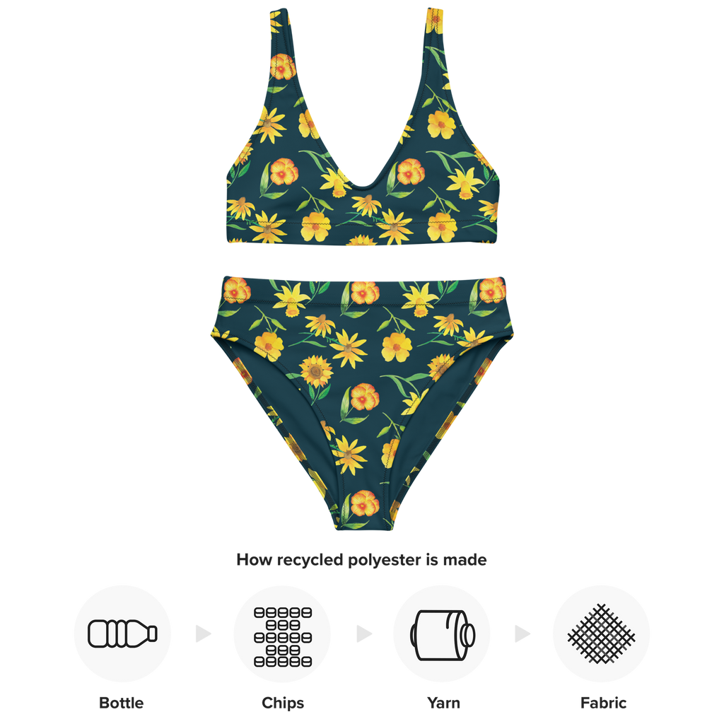 Bikini Sonnengruß Design Muster, Blumen, gelbe Blumen, Sonnenblume, Osterglocke Bikini, High Waist Bikini, Bademode, Bikinihose, Bikinioberteil, 2er Set, Zweiteiler  