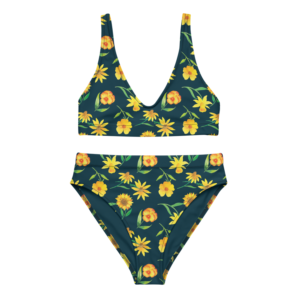 Bikini Sonnengruß Design Muster, Blumen, gelbe Blumen, Sonnenblume, Osterglocke Bikini, High Waist Bikini, Bademode, Bikinihose, Bikinioberteil, 2er Set, Zweiteiler  