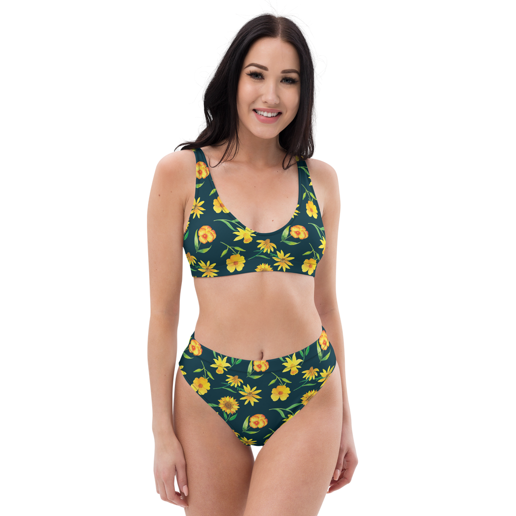 Bikini Sonnengruß Design Muster, Blumen, gelbe Blumen, Sonnenblume, Osterglocke Bikini, High Waist Bikini, Bademode, Bikinihose, Bikinioberteil, 2er Set, Zweiteiler  
