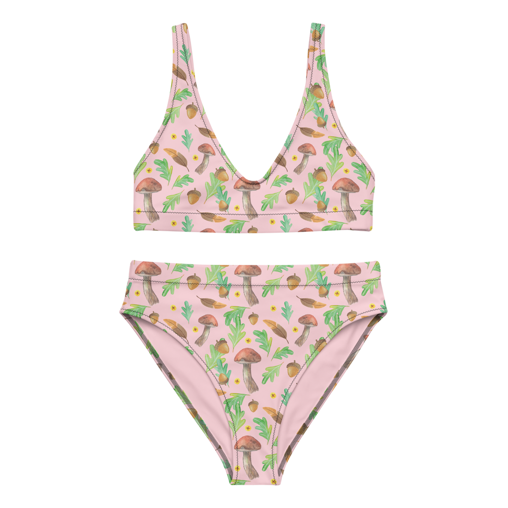 Bikini Waldträume Design Aquarell, Aquarellmuster, Pilze, Glühwürmchen, Wald, Waldspaziergang, Natur, Laub, Eiche, Blätter Bikini, High Waist Bikini, Bademode, Bikinihose, Bikinioberteil, 2er Set, Zweiteiler  