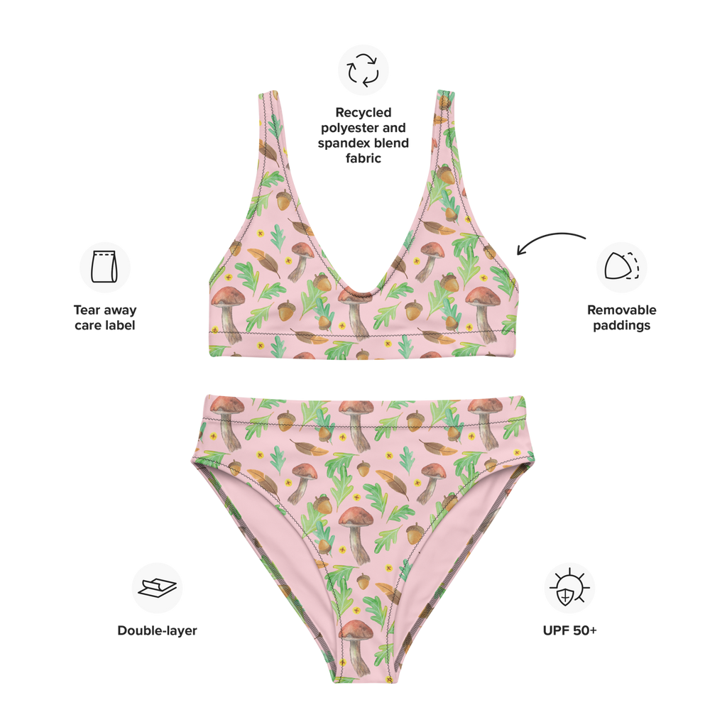 Bikini Waldträume Design Aquarell, Aquarellmuster, Pilze, Glühwürmchen, Wald, Waldspaziergang, Natur, Laub, Eiche, Blätter Bikini, High Waist Bikini, Bademode, Bikinihose, Bikinioberteil, 2er Set, Zweiteiler  