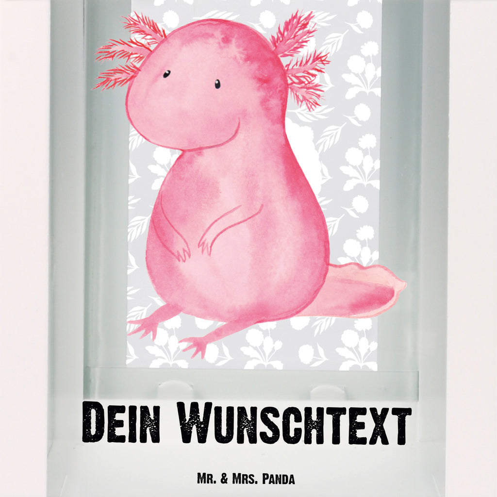 Personalisierte Deko Laterne Axolotl Gartenlampe, Gartenleuchte, Gartendekoration, Gartenlicht, Laterne  kleine Laternen, XXL Laternen, Laterne groß, Axolotl, Molch, Axolot, vergnügt, fröhlich, zufrieden, Lebensstil, Weisheit, Lebensweisheit, Liebe, Freundin