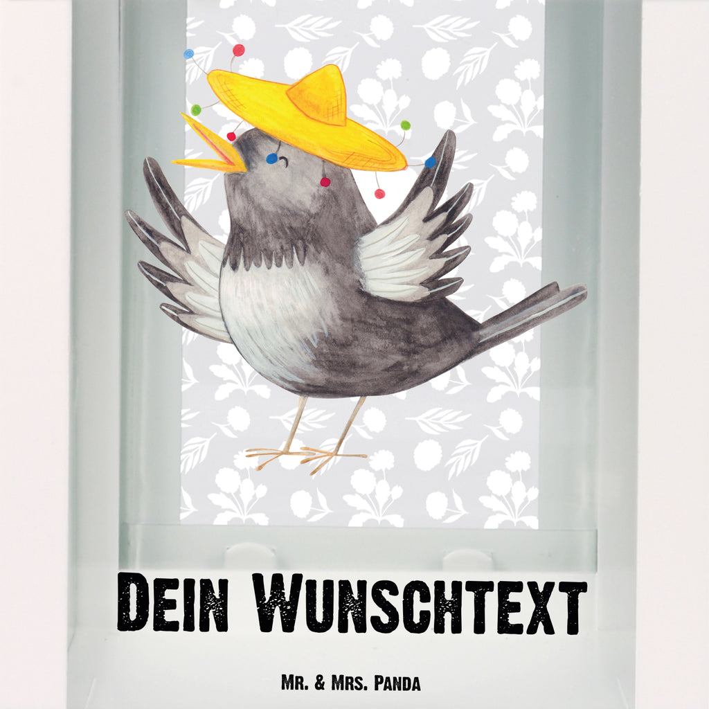 Personalisierte Deko Laterne Rabe mit Sombrero Gartenlampe, Gartenleuchte, Gartendekoration, Gartenlicht, Laterne  kleine Laternen, XXL Laternen, Laterne groß, süße Tiermotive, gute Laune, lustige Sprüche, Tiere, Rabe, Vogel, Vögel, Spruch positiv, fröhlich sein, glücklich sein, Glück Spruch, froh, Elster, Motivation