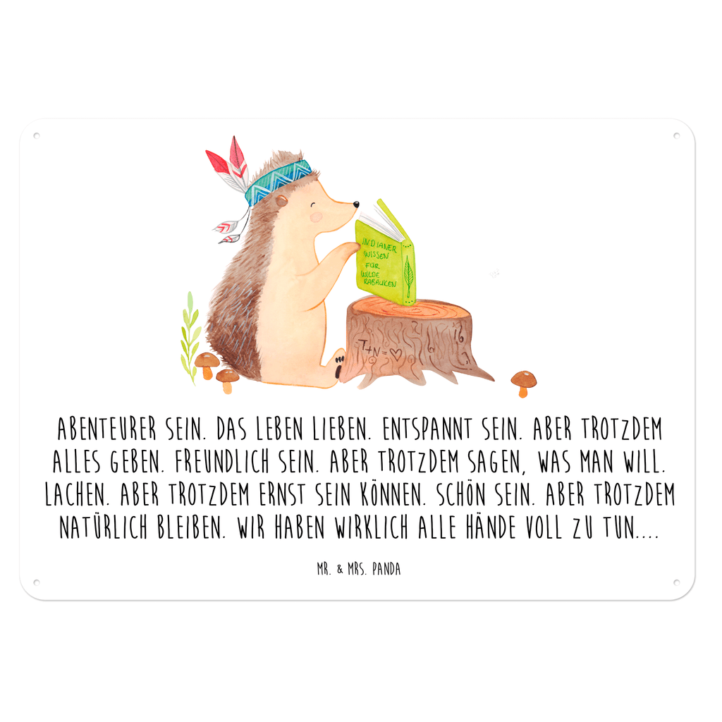 Blechschild Igel Indianer Blechschild, Metallschild, Geschenk Schild, Schild, Magnet-Metall-Schild, Deko Schild, Wandschild, Wand-Dekoration, Türschild, Waldtiere, Tiere, Igel, Indianer, Abenteuer, Lagerfeuer, Camping