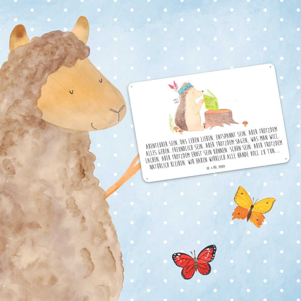 Blechschild Igel Indianer Blechschild, Metallschild, Geschenk Schild, Schild, Magnet-Metall-Schild, Deko Schild, Wandschild, Wand-Dekoration, Türschild, Waldtiere, Tiere, Igel, Indianer, Abenteuer, Lagerfeuer, Camping