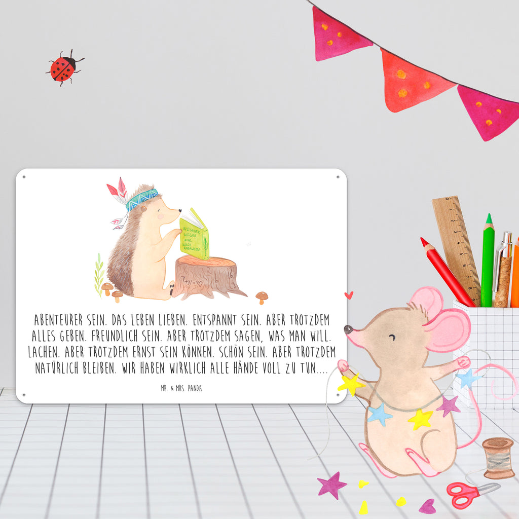 Blechschild Igel Indianer Blechschild, Metallschild, Geschenk Schild, Schild, Magnet-Metall-Schild, Deko Schild, Wandschild, Wand-Dekoration, Türschild, Waldtiere, Tiere, Igel, Indianer, Abenteuer, Lagerfeuer, Camping