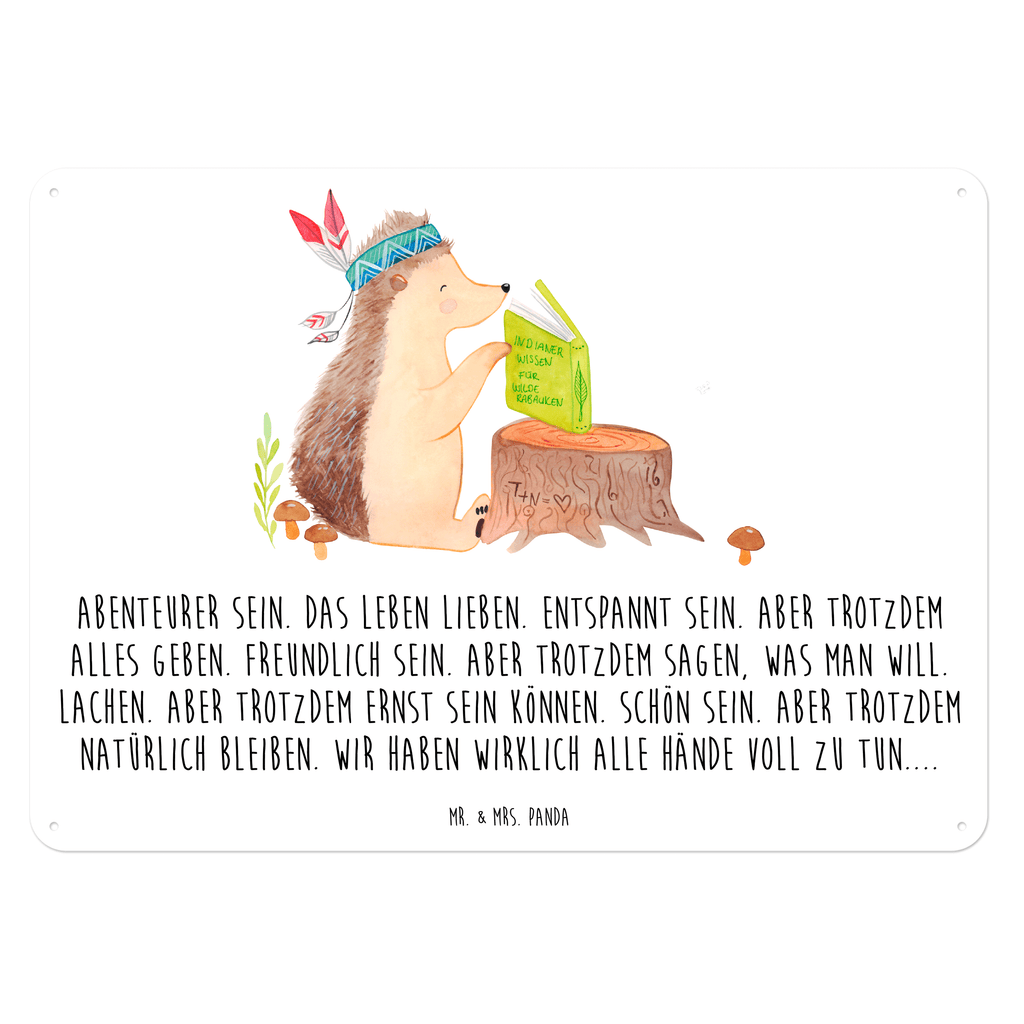 Blechschild Igel Indianer Blechschild, Metallschild, Geschenk Schild, Schild, Magnet-Metall-Schild, Deko Schild, Wandschild, Wand-Dekoration, Türschild, Waldtiere, Tiere, Igel, Indianer, Abenteuer, Lagerfeuer, Camping