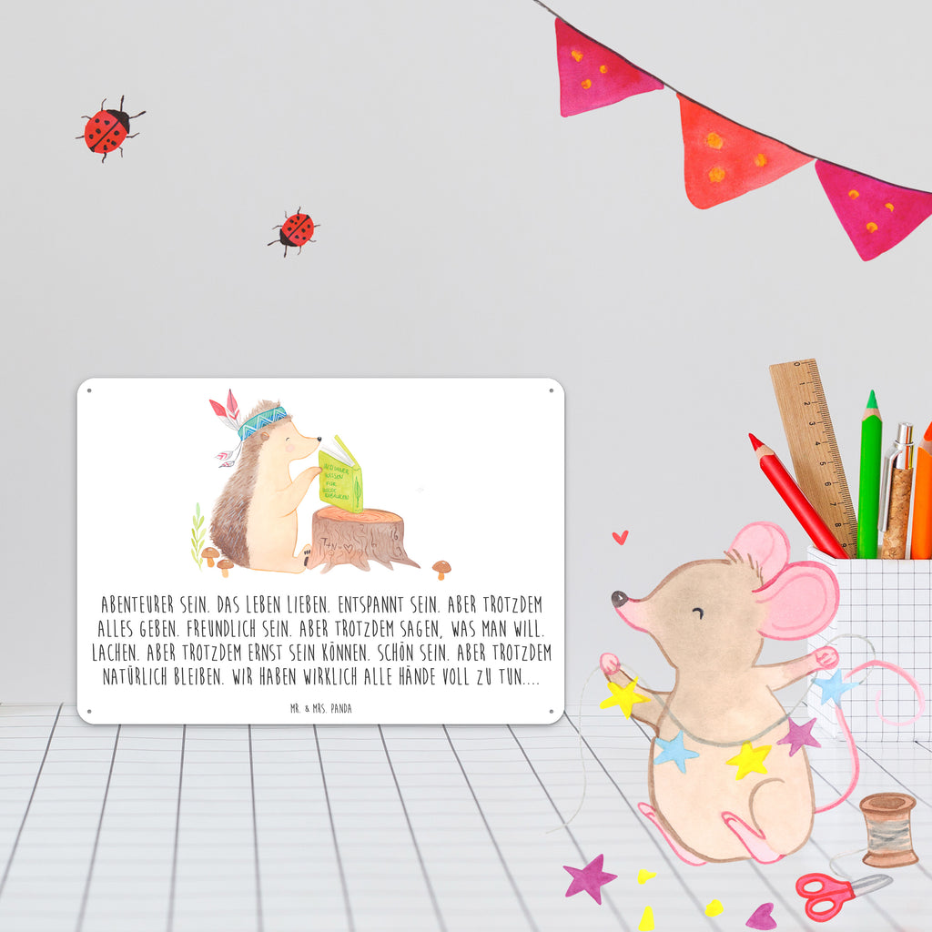 Blechschild Igel Indianer Blechschild, Metallschild, Geschenk Schild, Schild, Magnet-Metall-Schild, Deko Schild, Wandschild, Wand-Dekoration, Türschild, Waldtiere, Tiere, Igel, Indianer, Abenteuer, Lagerfeuer, Camping