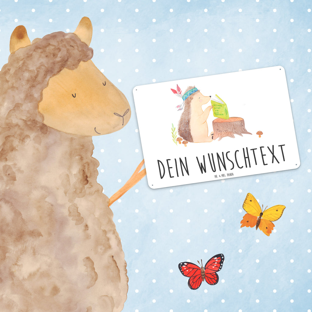 Personalisiertes Blechschild Igel Indianer Blechschild, Metallschild, Geschenk Schild, Schild, Magnet-Metall-Schild, Deko Schild, Wandschild, Wand-Dekoration, Türschild, Waldtiere, Tiere, Igel, Indianer, Abenteuer, Lagerfeuer, Camping