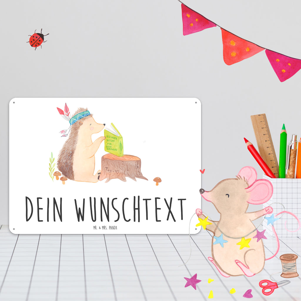 Personalisiertes Blechschild Igel Indianer Blechschild, Metallschild, Geschenk Schild, Schild, Magnet-Metall-Schild, Deko Schild, Wandschild, Wand-Dekoration, Türschild, Waldtiere, Tiere, Igel, Indianer, Abenteuer, Lagerfeuer, Camping