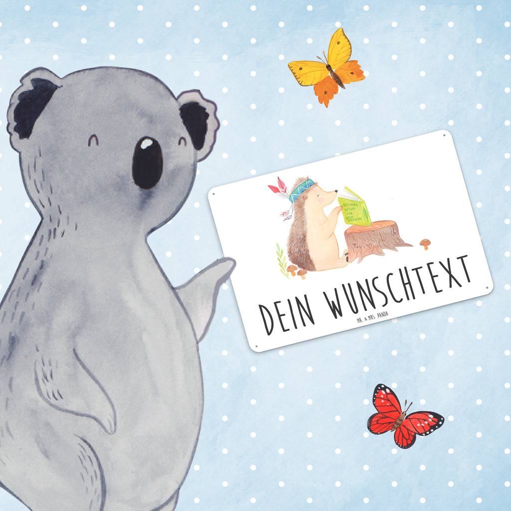 Personalisiertes Blechschild Igel Indianer Blechschild, Metallschild, Geschenk Schild, Schild, Magnet-Metall-Schild, Deko Schild, Wandschild, Wand-Dekoration, Türschild, Waldtiere, Tiere, Igel, Indianer, Abenteuer, Lagerfeuer, Camping