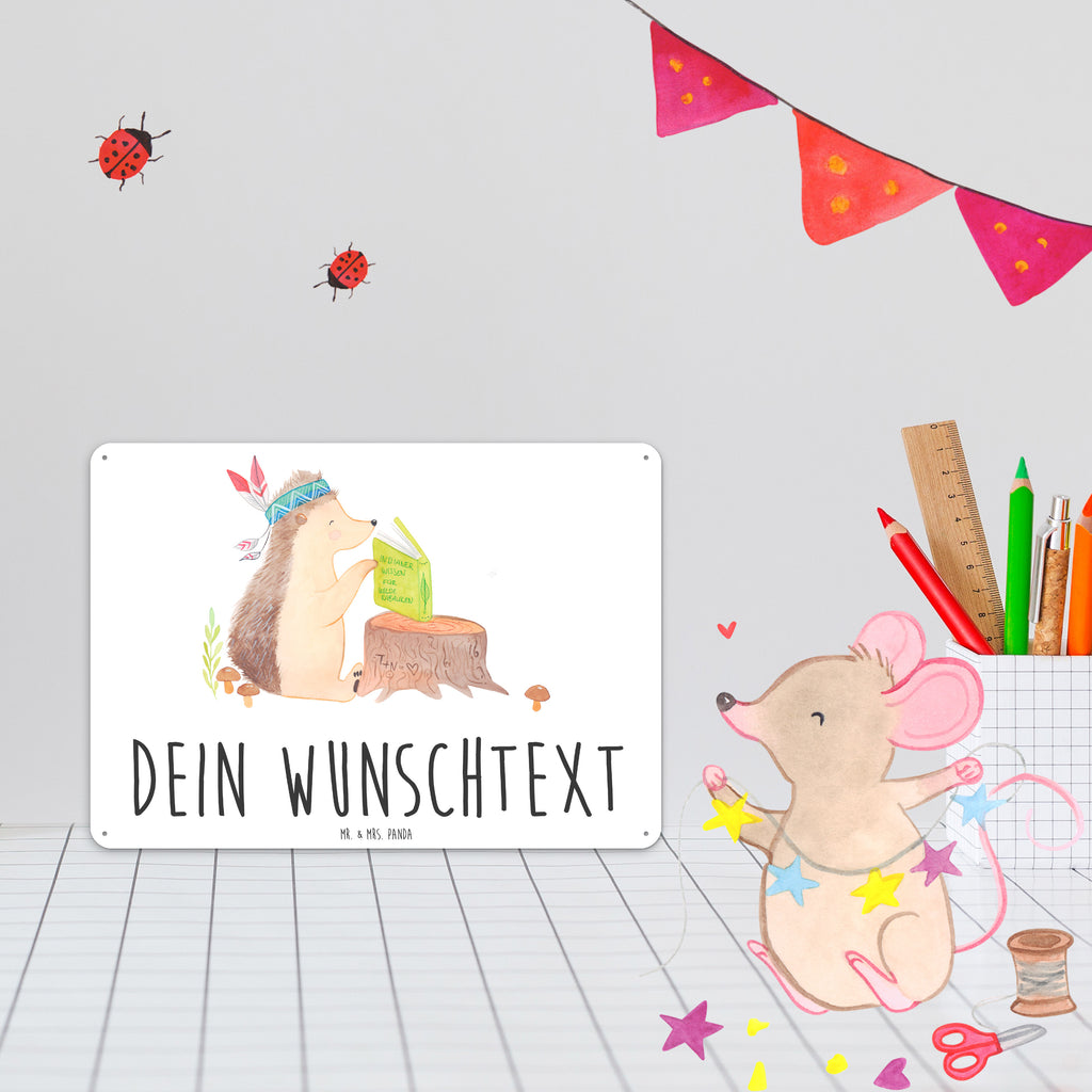 Personalisiertes Blechschild Igel Indianer Blechschild, Metallschild, Geschenk Schild, Schild, Magnet-Metall-Schild, Deko Schild, Wandschild, Wand-Dekoration, Türschild, Waldtiere, Tiere, Igel, Indianer, Abenteuer, Lagerfeuer, Camping