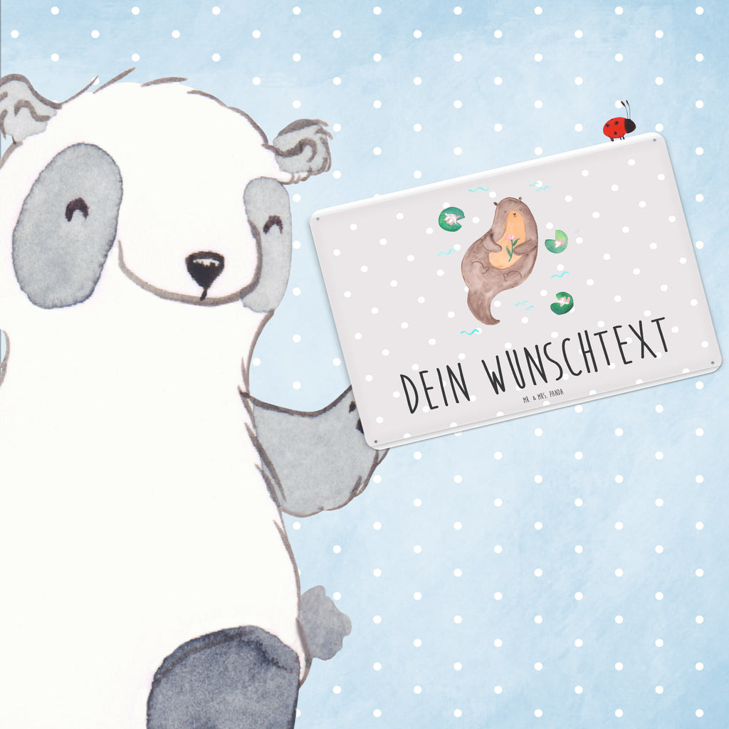Personalisiertes Blechschild Otter mit Seerose Blechschild, Metallschild, Geschenk Schild, Schild, Magnet-Metall-Schild, Deko Schild, Wandschild, Wand-Dekoration, Türschild, Otter, Fischotter, Seeotter, Otter Seeotter See Otter