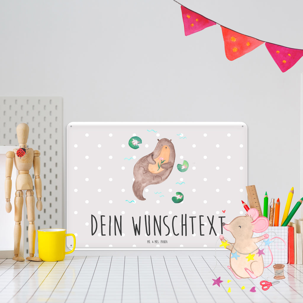Personalisiertes Blechschild Otter mit Seerose Blechschild, Metallschild, Geschenk Schild, Schild, Magnet-Metall-Schild, Deko Schild, Wandschild, Wand-Dekoration, Türschild, Otter, Fischotter, Seeotter, Otter Seeotter See Otter
