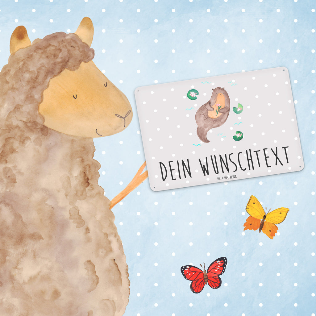Personalisiertes Blechschild Otter mit Seerose Blechschild, Metallschild, Geschenk Schild, Schild, Magnet-Metall-Schild, Deko Schild, Wandschild, Wand-Dekoration, Türschild, Otter, Fischotter, Seeotter, Otter Seeotter See Otter