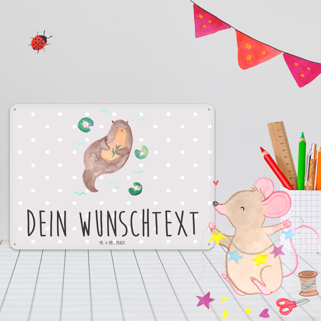 Personalisiertes Blechschild Otter mit Seerose Blechschild, Metallschild, Geschenk Schild, Schild, Magnet-Metall-Schild, Deko Schild, Wandschild, Wand-Dekoration, Türschild, Otter, Fischotter, Seeotter, Otter Seeotter See Otter