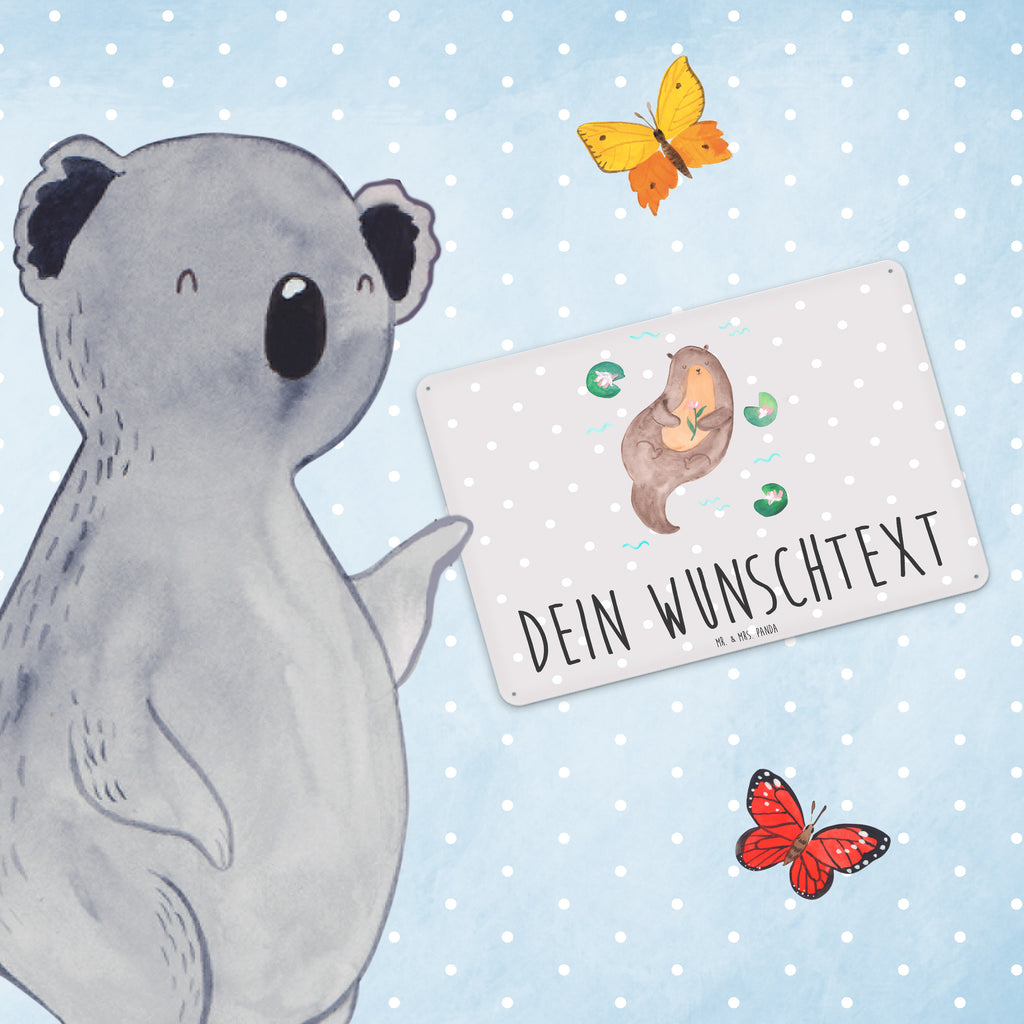 Personalisiertes Blechschild Otter mit Seerose Blechschild, Metallschild, Geschenk Schild, Schild, Magnet-Metall-Schild, Deko Schild, Wandschild, Wand-Dekoration, Türschild, Otter, Fischotter, Seeotter, Otter Seeotter See Otter