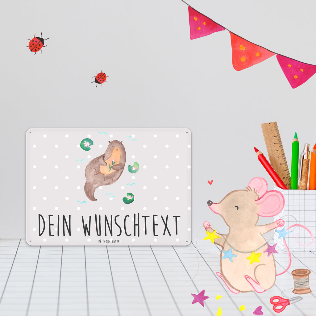 Personalisiertes Blechschild Otter mit Seerose Blechschild, Metallschild, Geschenk Schild, Schild, Magnet-Metall-Schild, Deko Schild, Wandschild, Wand-Dekoration, Türschild, Otter, Fischotter, Seeotter, Otter Seeotter See Otter