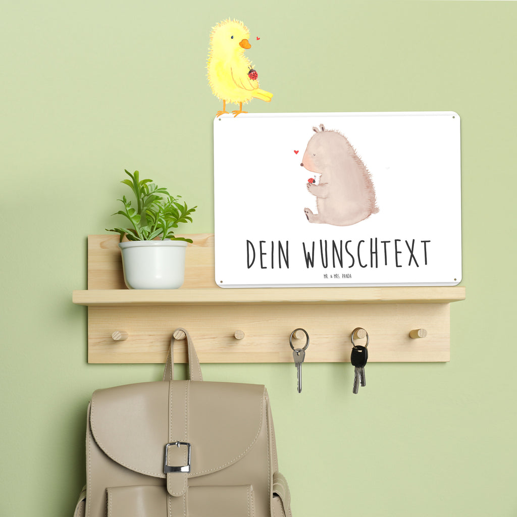 Personalisiertes Blechschild Bär mit Marienkäfer Blechschild, Metallschild, Geschenk Schild, Schild, Magnet-Metall-Schild, Deko Schild, Wandschild, Wand-Dekoration, Türschild, Bär, Teddy, Teddybär, Marienkäfer, Liebe, Freiheit, Motivation, Das Leben ist schön