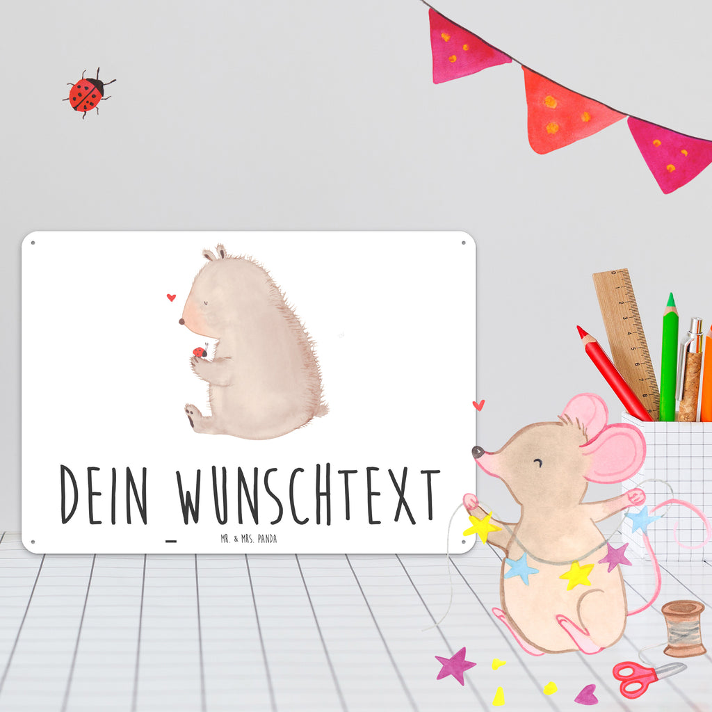 Personalisiertes Blechschild Bär mit Marienkäfer Blechschild, Metallschild, Geschenk Schild, Schild, Magnet-Metall-Schild, Deko Schild, Wandschild, Wand-Dekoration, Türschild, Bär, Teddy, Teddybär, Marienkäfer, Liebe, Freiheit, Motivation, Das Leben ist schön