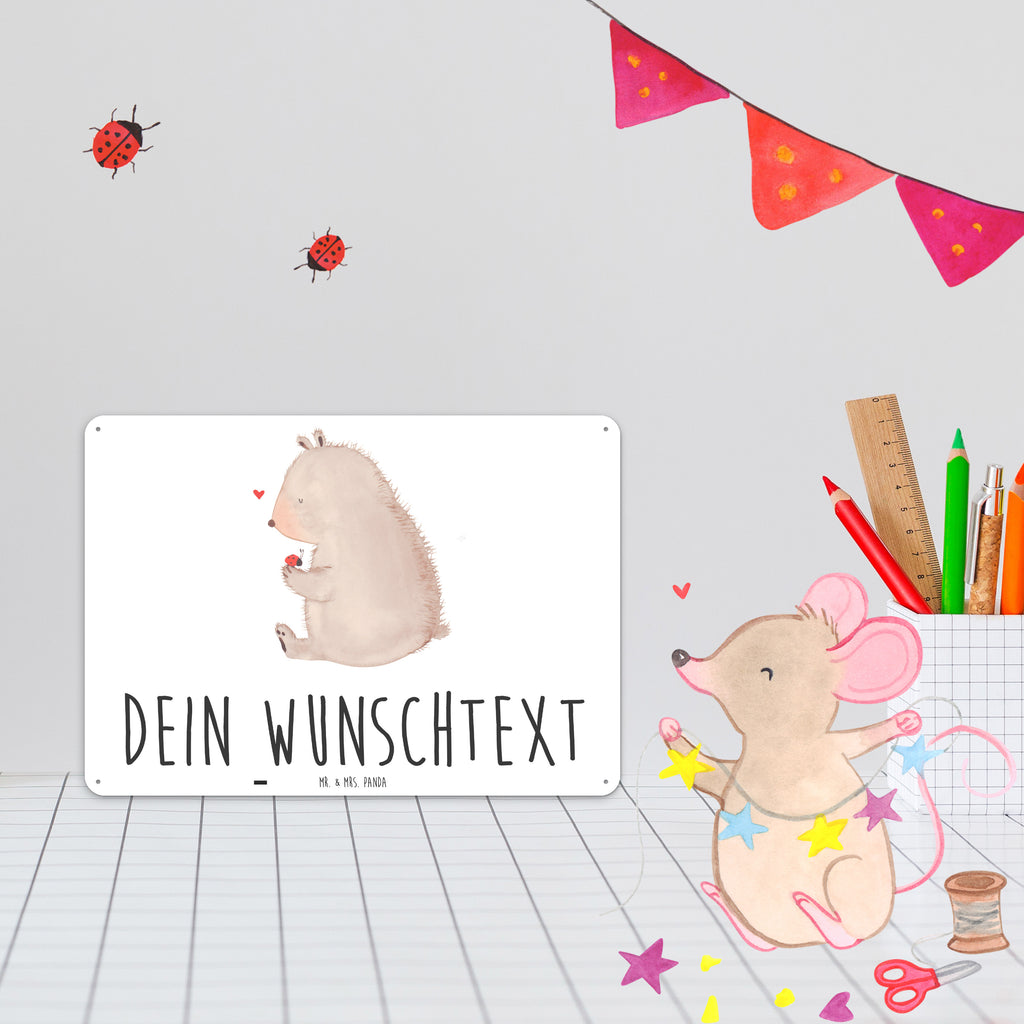Personalisiertes Blechschild Bär mit Marienkäfer Blechschild, Metallschild, Geschenk Schild, Schild, Magnet-Metall-Schild, Deko Schild, Wandschild, Wand-Dekoration, Türschild, Bär, Teddy, Teddybär, Marienkäfer, Liebe, Freiheit, Motivation, Das Leben ist schön
