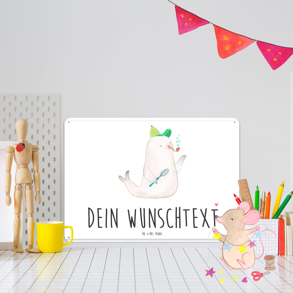Personalisiertes Blechschild Robbe Sherlock Blechschild, Metallschild, Geschenk Schild, Schild, Magnet-Metall-Schild, Deko Schild, Wandschild, Wand-Dekoration, Türschild, Tiermotive, Gute Laune, lustige Sprüche, Tiere