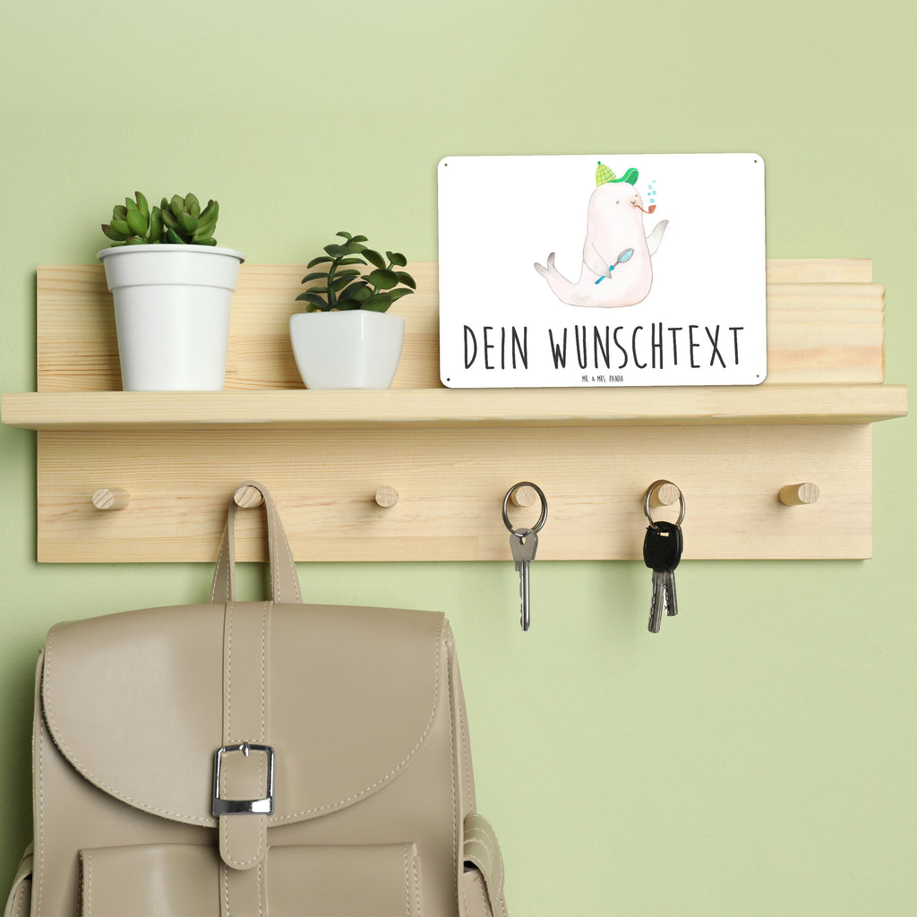 Personalisiertes Blechschild Robbe Sherlock Blechschild, Metallschild, Geschenk Schild, Schild, Magnet-Metall-Schild, Deko Schild, Wandschild, Wand-Dekoration, Türschild, Tiermotive, Gute Laune, lustige Sprüche, Tiere