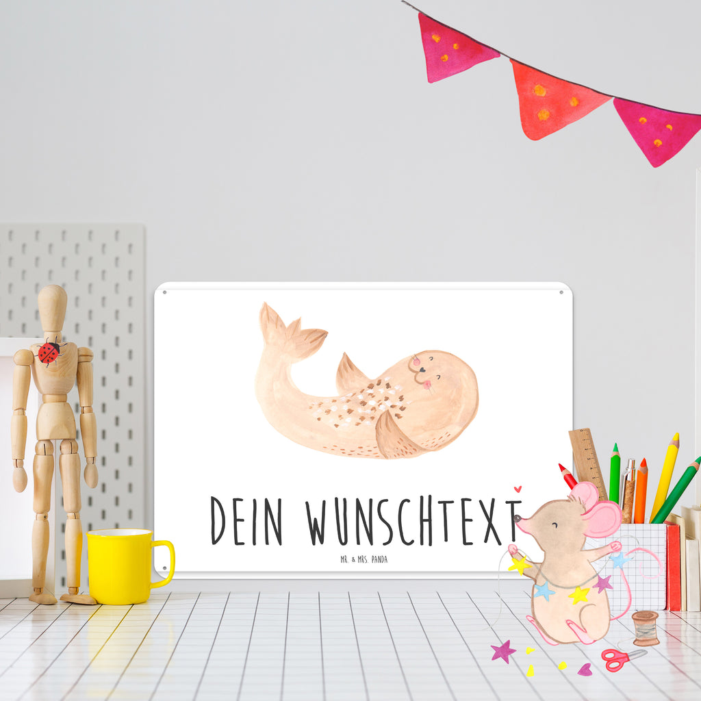 Personalisiertes Blechschild Robbe liegend Blechschild, Metallschild, Geschenk Schild, Schild, Magnet-Metall-Schild, Deko Schild, Wandschild, Wand-Dekoration, Türschild, Tiermotive, Gute Laune, lustige Sprüche, Tiere, Robbe, Robben, Seehund, Strand, Meerestier, Ostsee, Nordsee, Lachen, Freude