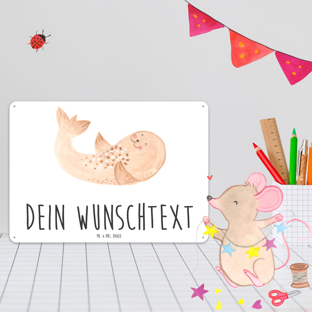Personalisiertes Blechschild Robbe liegend Blechschild, Metallschild, Geschenk Schild, Schild, Magnet-Metall-Schild, Deko Schild, Wandschild, Wand-Dekoration, Türschild, Tiermotive, Gute Laune, lustige Sprüche, Tiere, Robbe, Robben, Seehund, Strand, Meerestier, Ostsee, Nordsee, Lachen, Freude