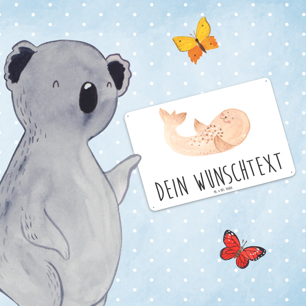 Personalisiertes Blechschild Robbe liegend Blechschild, Metallschild, Geschenk Schild, Schild, Magnet-Metall-Schild, Deko Schild, Wandschild, Wand-Dekoration, Türschild, Tiermotive, Gute Laune, lustige Sprüche, Tiere, Robbe, Robben, Seehund, Strand, Meerestier, Ostsee, Nordsee, Lachen, Freude