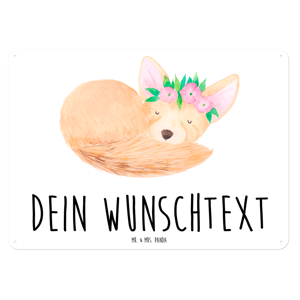 Personalisiertes Blechschild Wüstenfuchs Blumenkranz Blechschild, Metallschild, Geschenk Schild, Schild, Magnet-Metall-Schild, Deko Schild, Wandschild, Wand-Dekoration, Türschild, Afrika, Wildtiere, Wüste, Wüstenfuchs, Blumen, Blumenkranz, Glücklich
