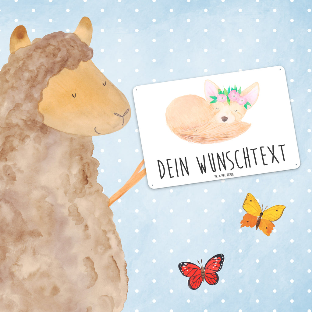 Personalisiertes Blechschild Wüstenfuchs Blumenkranz Blechschild, Metallschild, Geschenk Schild, Schild, Magnet-Metall-Schild, Deko Schild, Wandschild, Wand-Dekoration, Türschild, Afrika, Wildtiere, Wüste, Wüstenfuchs, Blumen, Blumenkranz, Glücklich