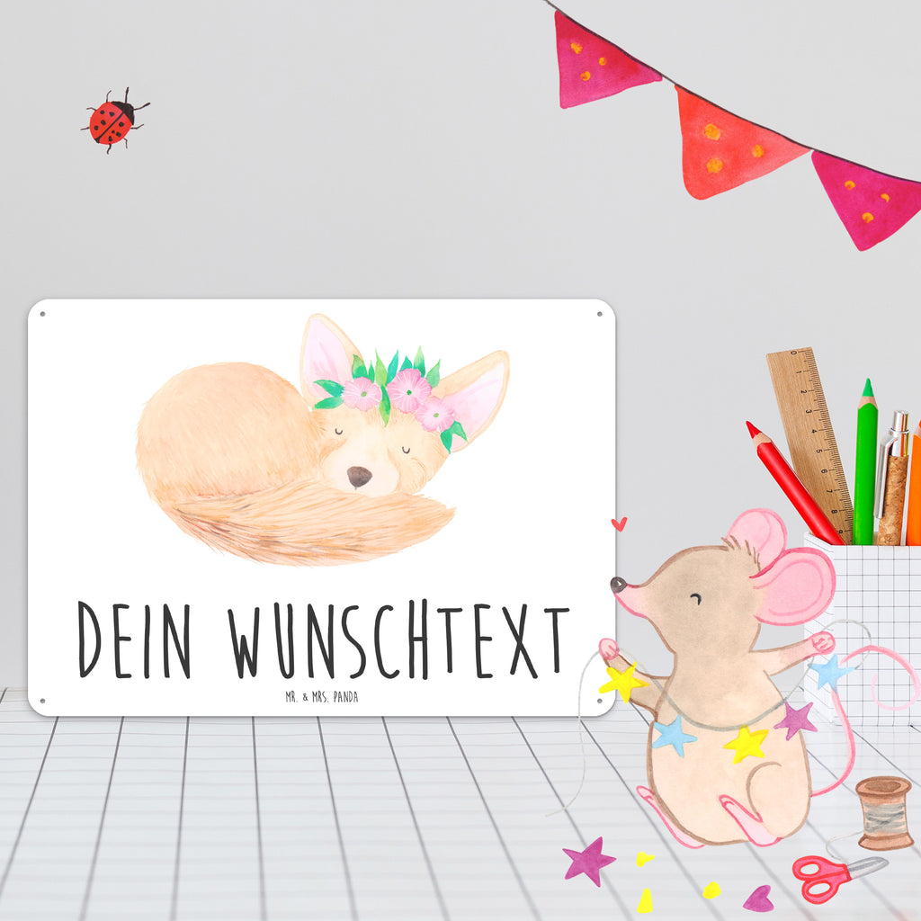 Personalisiertes Blechschild Wüstenfuchs Blumenkranz Blechschild, Metallschild, Geschenk Schild, Schild, Magnet-Metall-Schild, Deko Schild, Wandschild, Wand-Dekoration, Türschild, Afrika, Wildtiere, Wüste, Wüstenfuchs, Blumen, Blumenkranz, Glücklich