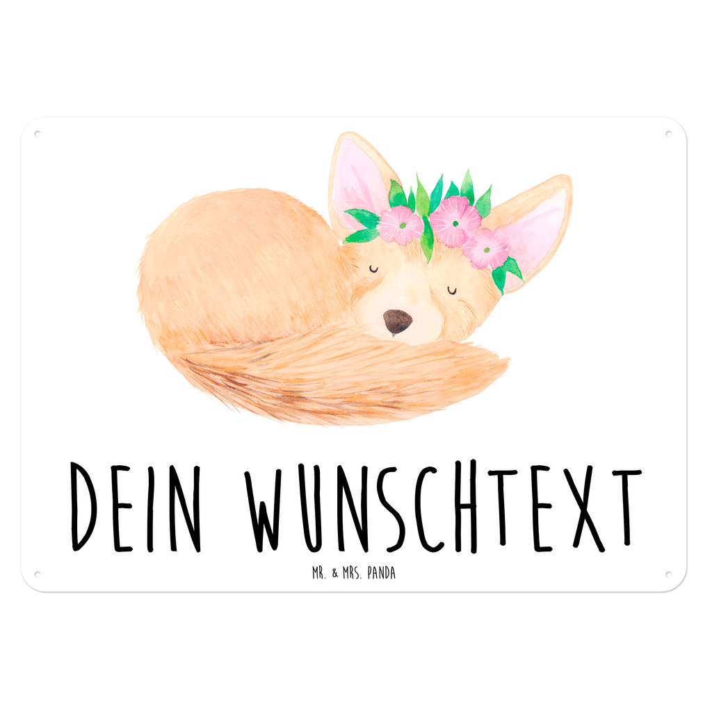 Personalisiertes Blechschild Wüstenfuchs Blumenkranz Blechschild, Metallschild, Geschenk Schild, Schild, Magnet-Metall-Schild, Deko Schild, Wandschild, Wand-Dekoration, Türschild, Afrika, Wildtiere, Wüste, Wüstenfuchs, Blumen, Blumenkranz, Glücklich