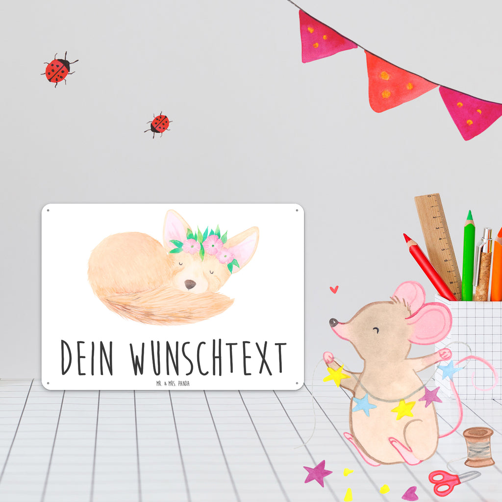 Personalisiertes Blechschild Wüstenfuchs Blumenkranz Blechschild, Metallschild, Geschenk Schild, Schild, Magnet-Metall-Schild, Deko Schild, Wandschild, Wand-Dekoration, Türschild, Afrika, Wildtiere, Wüste, Wüstenfuchs, Blumen, Blumenkranz, Glücklich