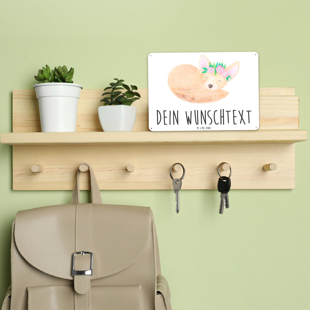 Personalisiertes Blechschild Wüstenfuchs Blumenkranz Blechschild, Metallschild, Geschenk Schild, Schild, Magnet-Metall-Schild, Deko Schild, Wandschild, Wand-Dekoration, Türschild, Afrika, Wildtiere, Wüste, Wüstenfuchs, Blumen, Blumenkranz, Glücklich