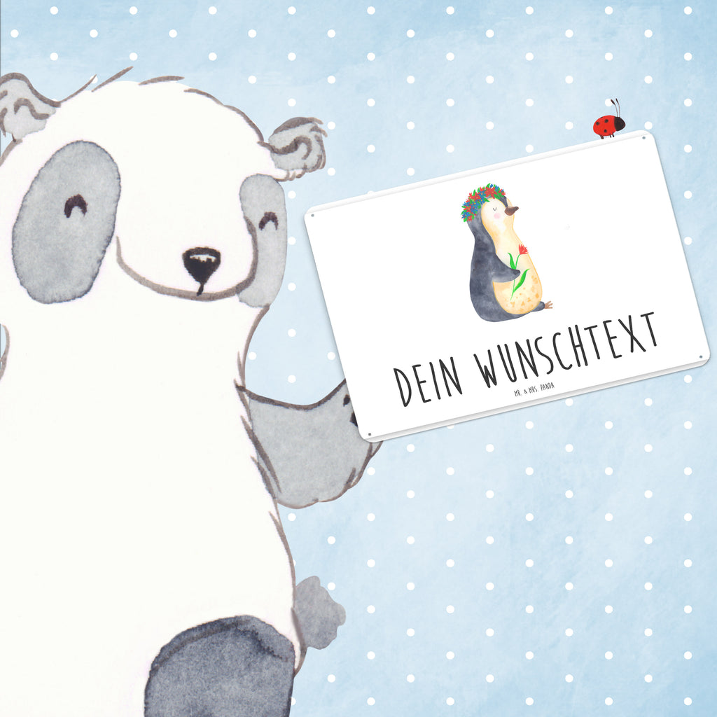 Personalisiertes Blechschild Pinguin Blumenkranz Blechschild, Metallschild, Geschenk Schild, Schild, Magnet-Metall-Schild, Deko Schild, Wandschild, Wand-Dekoration, Türschild, Pinguin, Pinguine, Blumenkranz, Universum, Leben, Wünsche, Ziele, Lebensziele, Motivation, Lebenslust, Liebeskummer, Geschenkidee