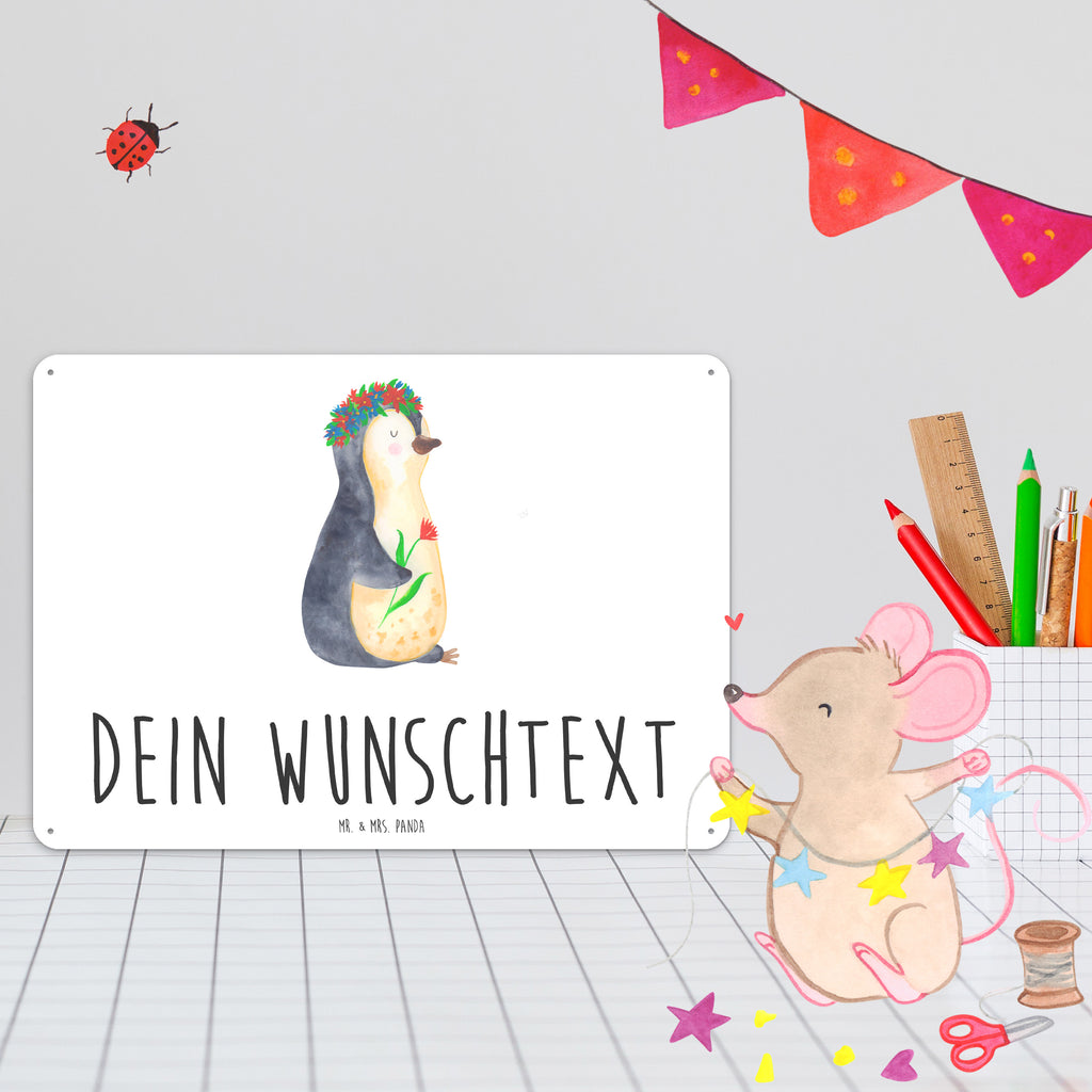 Personalisiertes Blechschild Pinguin Blumenkranz Blechschild, Metallschild, Geschenk Schild, Schild, Magnet-Metall-Schild, Deko Schild, Wandschild, Wand-Dekoration, Türschild, Pinguin, Pinguine, Blumenkranz, Universum, Leben, Wünsche, Ziele, Lebensziele, Motivation, Lebenslust, Liebeskummer, Geschenkidee