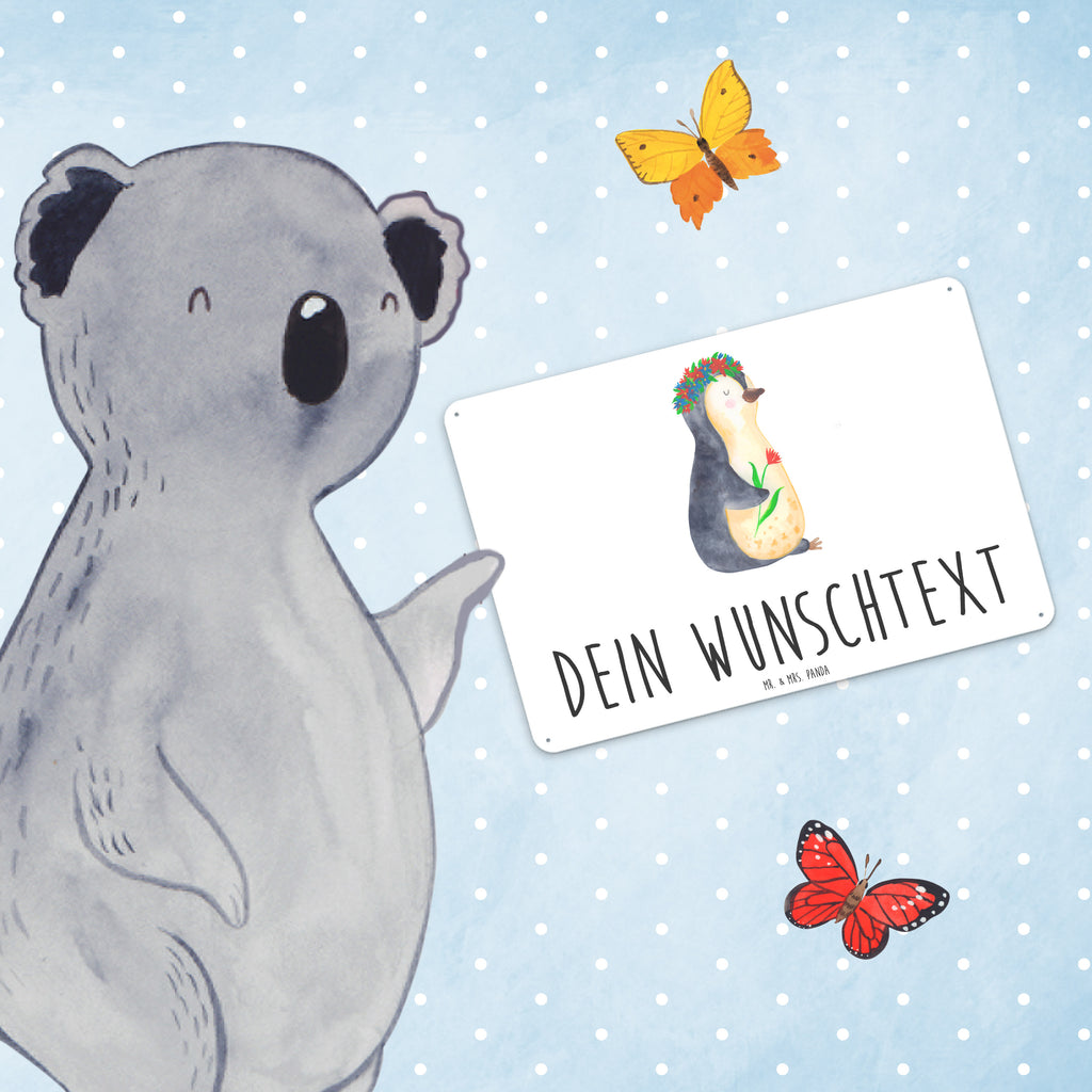 Personalisiertes Blechschild Pinguin Blumenkranz Blechschild, Metallschild, Geschenk Schild, Schild, Magnet-Metall-Schild, Deko Schild, Wandschild, Wand-Dekoration, Türschild, Pinguin, Pinguine, Blumenkranz, Universum, Leben, Wünsche, Ziele, Lebensziele, Motivation, Lebenslust, Liebeskummer, Geschenkidee