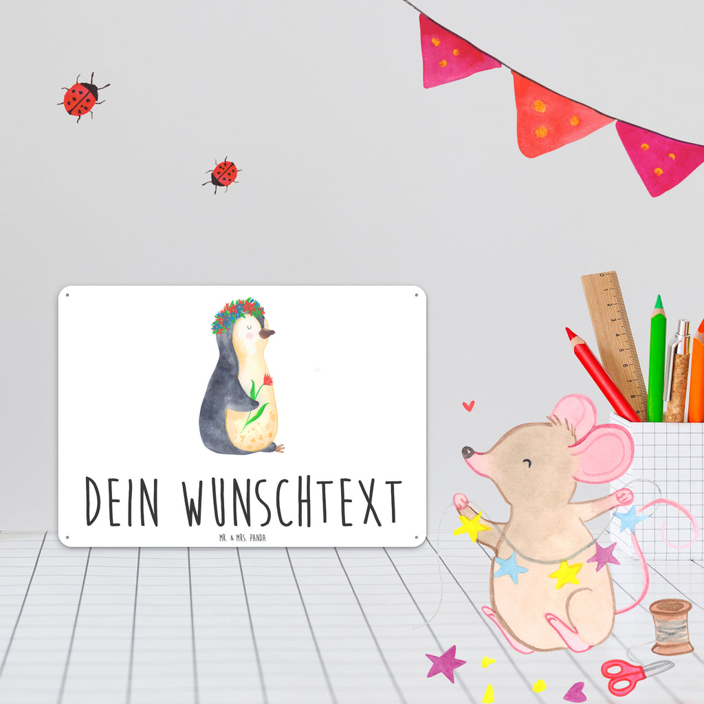 Personalisiertes Blechschild Pinguin Blumenkranz Blechschild, Metallschild, Geschenk Schild, Schild, Magnet-Metall-Schild, Deko Schild, Wandschild, Wand-Dekoration, Türschild, Pinguin, Pinguine, Blumenkranz, Universum, Leben, Wünsche, Ziele, Lebensziele, Motivation, Lebenslust, Liebeskummer, Geschenkidee