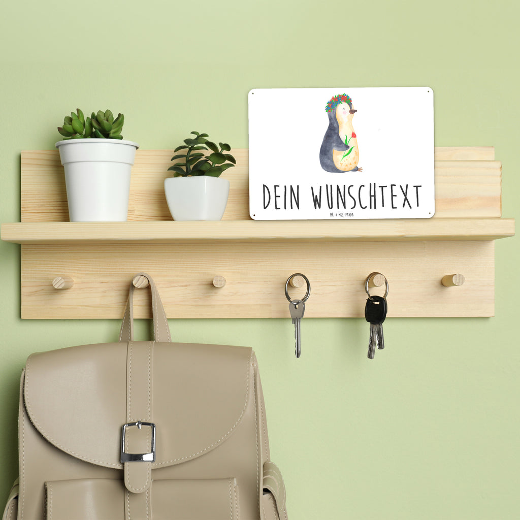 Personalisiertes Blechschild Pinguin Blumenkranz Blechschild, Metallschild, Geschenk Schild, Schild, Magnet-Metall-Schild, Deko Schild, Wandschild, Wand-Dekoration, Türschild, Pinguin, Pinguine, Blumenkranz, Universum, Leben, Wünsche, Ziele, Lebensziele, Motivation, Lebenslust, Liebeskummer, Geschenkidee